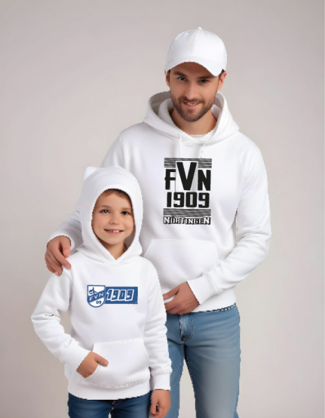 Recyceltes Unisex-Sweatshirt mit Kapuze weiß inkl. Druck